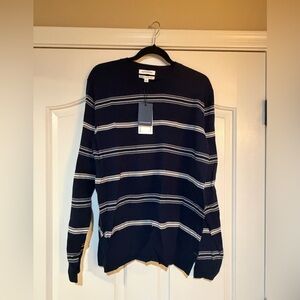 Autograph Men's Dark Blue and White Striped Crewneck Sweater